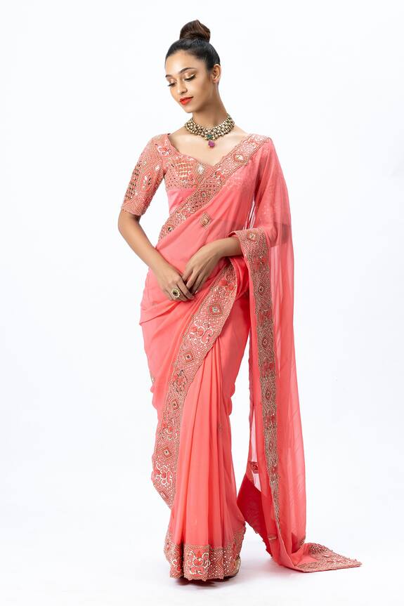Nirmooha Pink Georgette Saree With Embroidered Blouse 4