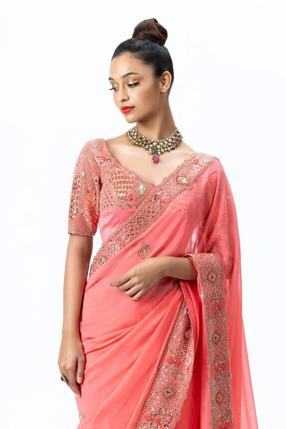Nirmooha Pink Georgette Saree With Embroidered Blouse 5