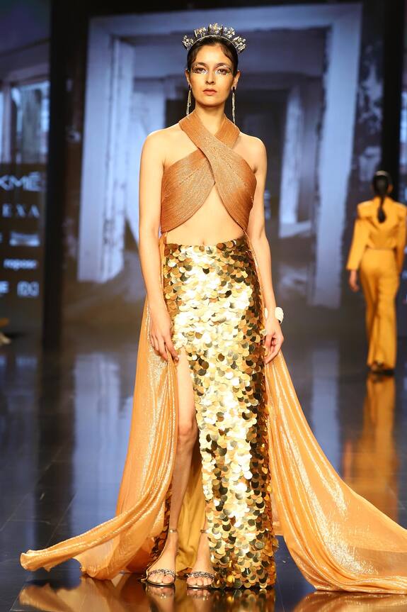 Nirmooha Gold Lurex Criss Cross Top And Sequin Skirt Set 1
