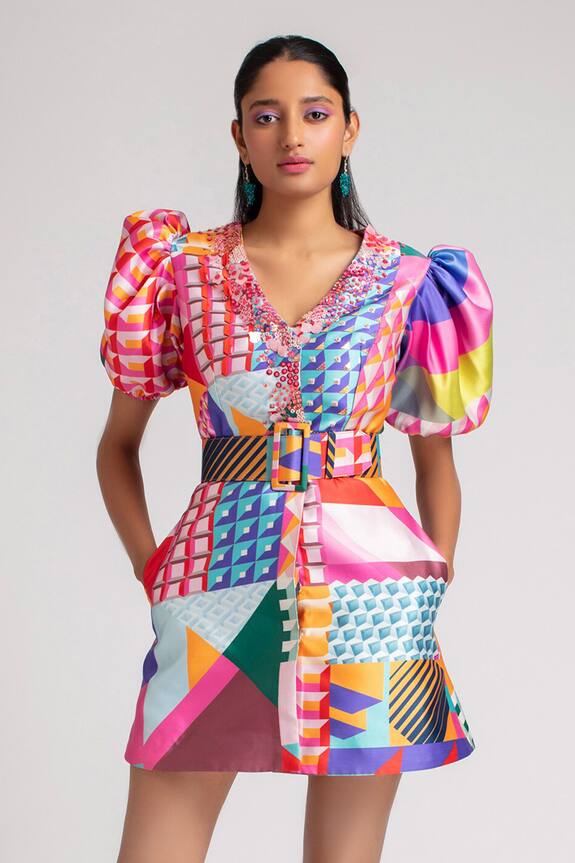 Pankaj & Nidhi Multi Color Satin Twill Graphic Print Dress 0