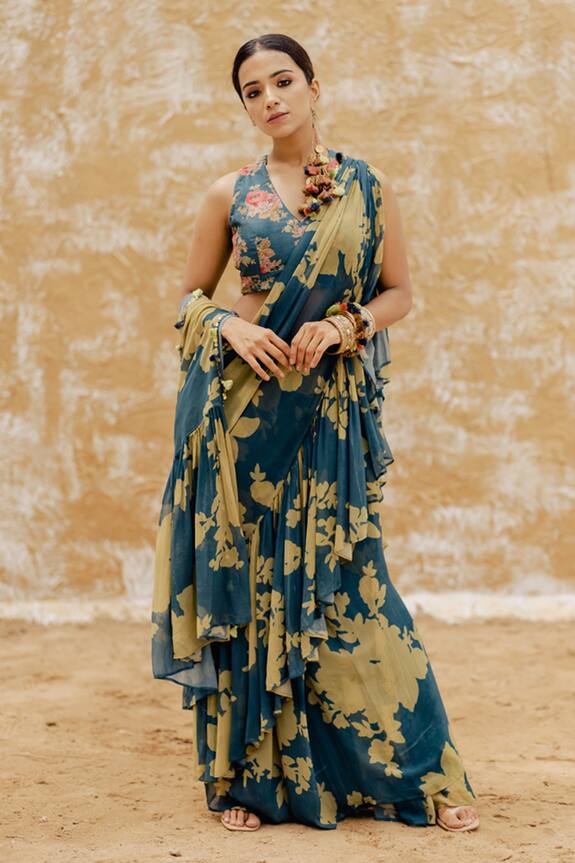 Pooja-Keyur Blue Chiffon Floral Print Ruffle Saree 1