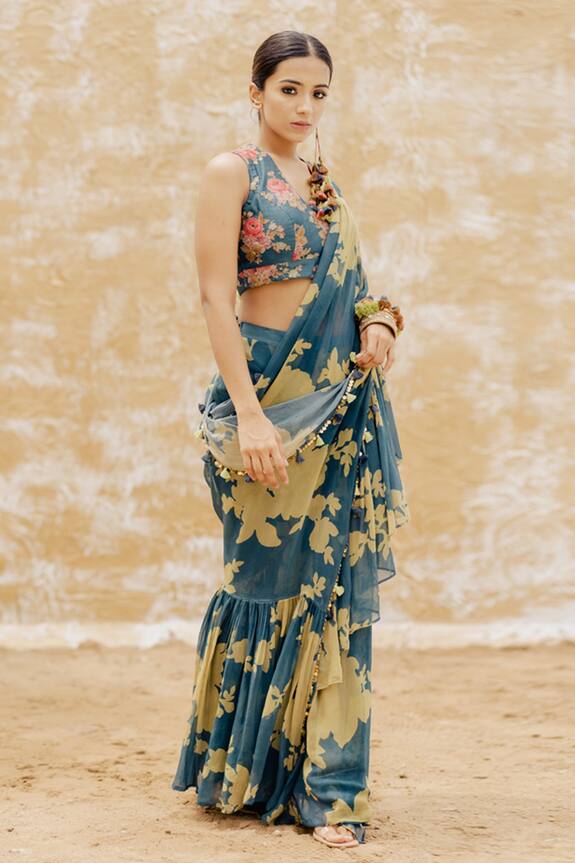 Pooja-Keyur Blue Chiffon Floral Print Ruffle Saree 5