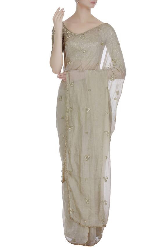 Pleats by Kaksha and Dimple Beige Hand Embroidered Zardozi Tissue Silk Saree With Blouse 0