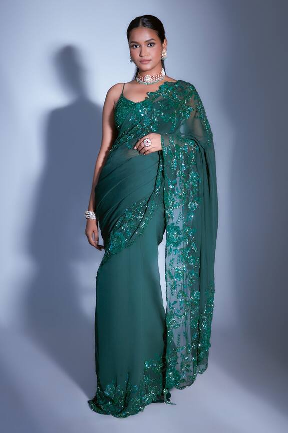 Premya By Manishii Green Georgette Saree With Embroidered Blouse 1