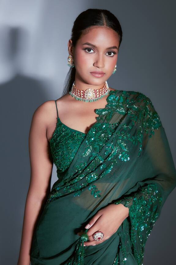 Premya By Manishii Green Georgette Saree With Embroidered Blouse 5