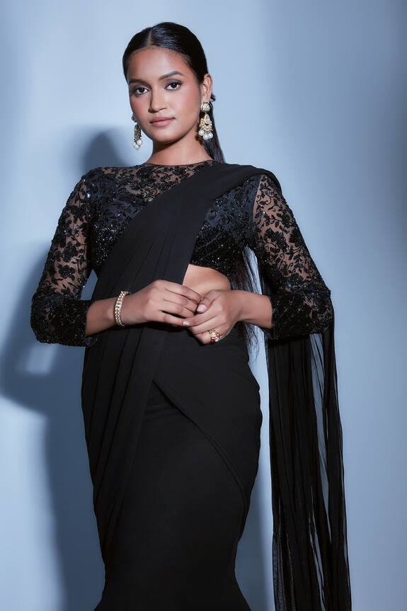Premya By Manishii Black Pre-stitched Georgette Saree With Blouse 5