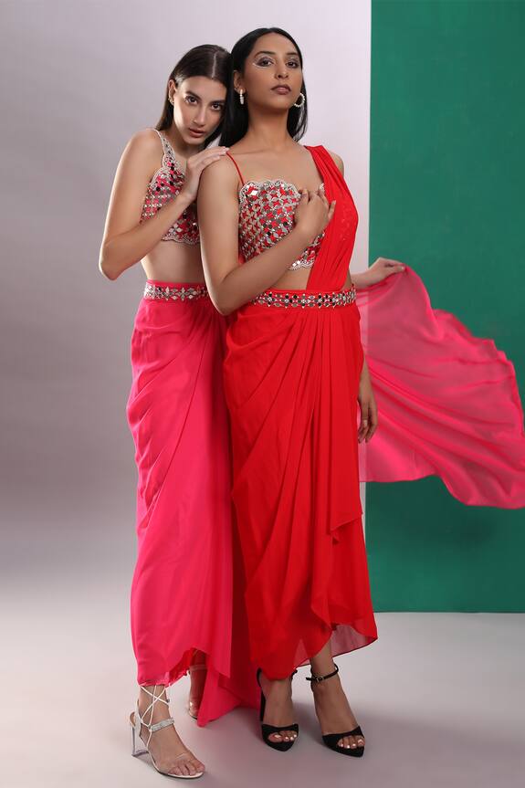 Preeti S Kapoor Pink Dupion Draped Saree With Mirror Work Blouse 4
