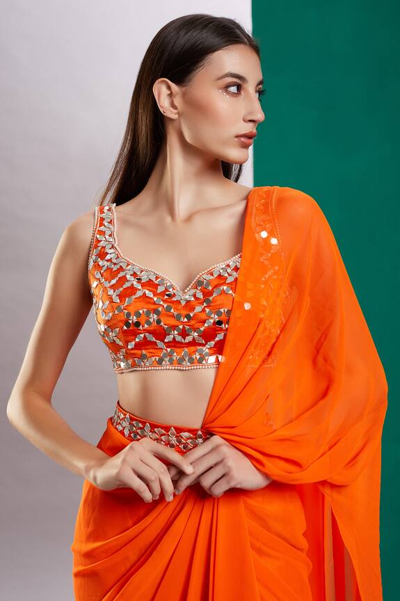 Preeti S Kapoor Orange Dupion Draped Saree With Mirror Work Blouse 5