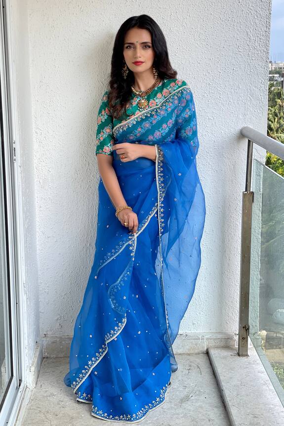 Buy Pita Nila Blue Silk Organza Saree With Blouse Online | Aza Fashions