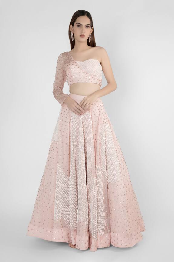 Pink Peacock Couture Peach Organza One Shoulder Crop Top And Lehenga Set 1