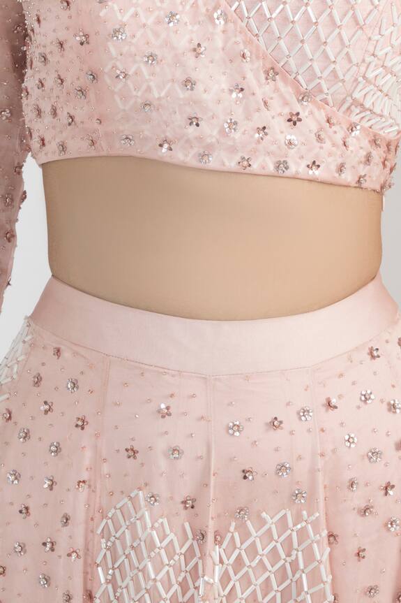 Pink Peacock Couture Peach Organza One Shoulder Crop Top And Lehenga Set 3
