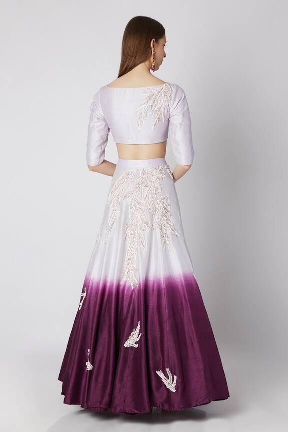 Pink Peacock Couture Purple Dupion Silk Embellished Crop Top And Lehenga Set 2