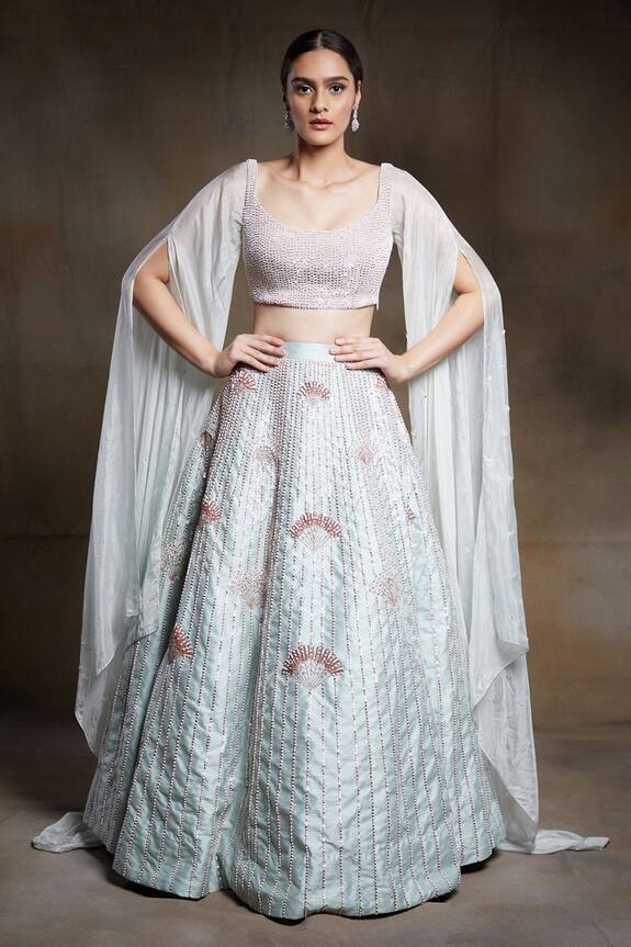 Pink Peacock Couture Green Draped Blouse And Silk Lehenga Set 0