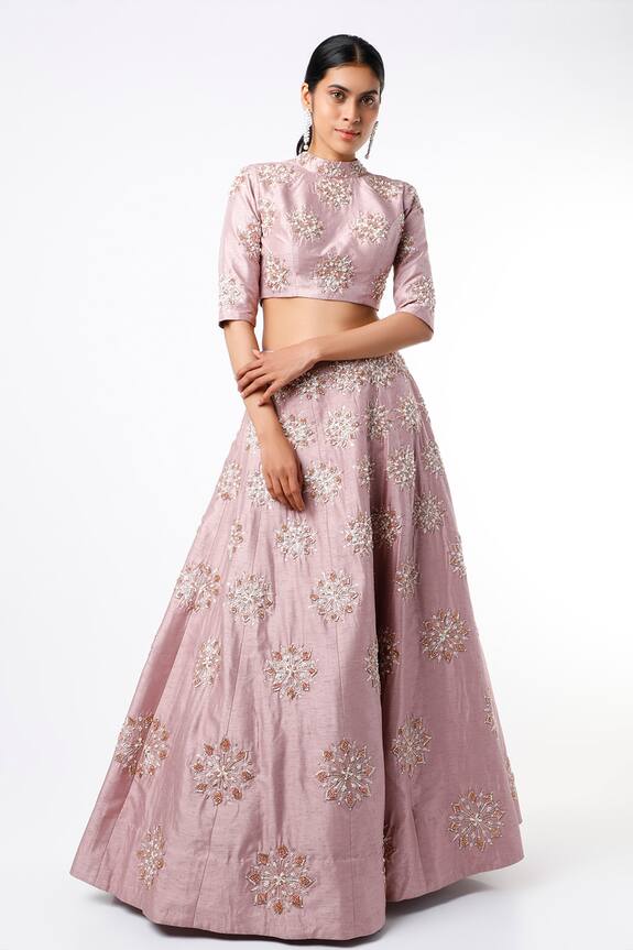 Pink Peacock Couture Purple Dupion Embroidered Crop Top And Lehenga Set 1