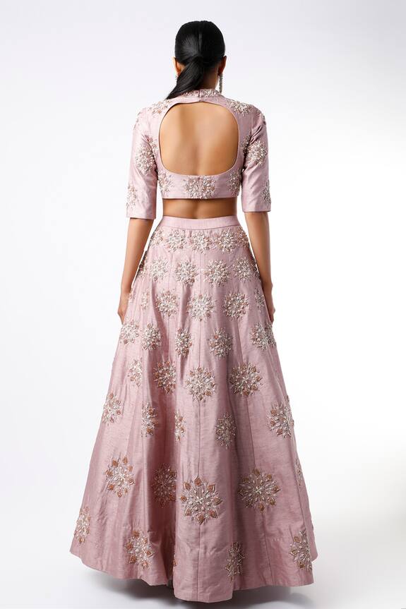 Pink Peacock Couture Purple Dupion Embroidered Crop Top And Lehenga Set 2
