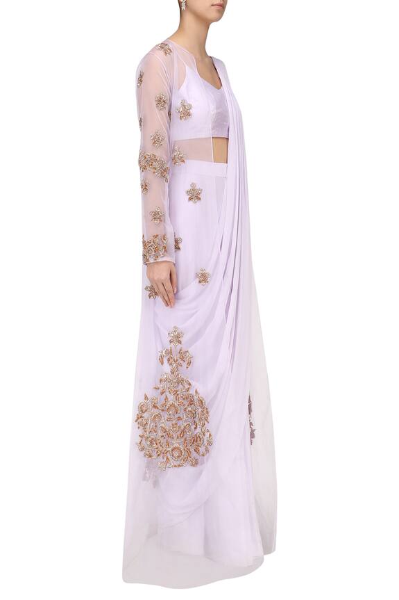 Pink Peacock Couture White Silk Pre-draped Saree With Blouse And Jacket 3