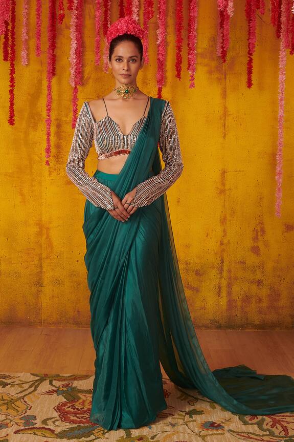 Pink Peacock Couture Green Satin Organza Pre-draped Saree Embroidered Blouse Set 0