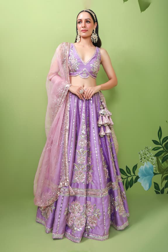 Buy Prevasu Purple Raw Silk Floral Embroidered Lehenga Set Online Aza