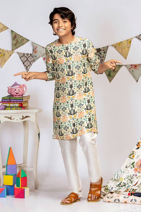 PS Kids by Payal Singhal Cream Cotton Silk Printed Kurta Pant Set For Boys 0