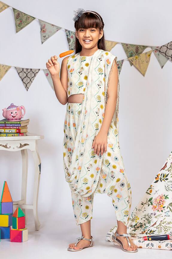 PS Kids by Payal Singhal Cream Printed Dhoti Saree With Blouse For Girls 1