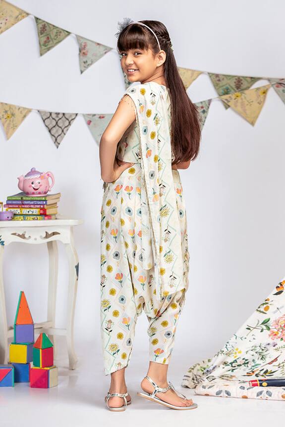 PS Kids by Payal Singhal Cream Printed Dhoti Saree With Blouse For Girls 2