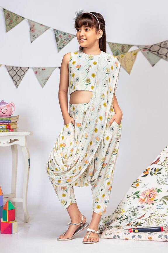 PS Kids by Payal Singhal Cream Printed Dhoti Saree With Blouse For Girls 4
