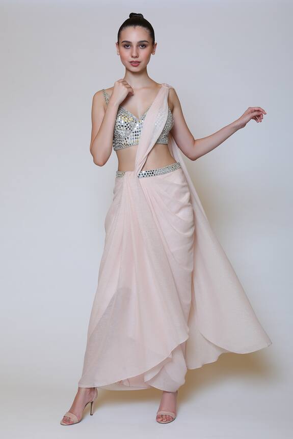 Preeti S Kapoor Pink Georgette Draped Saree Set 0