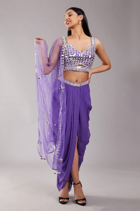 Preeti S Kapoor Purple Dupion Draped Skirt And Mirror Work Blouse Set 3