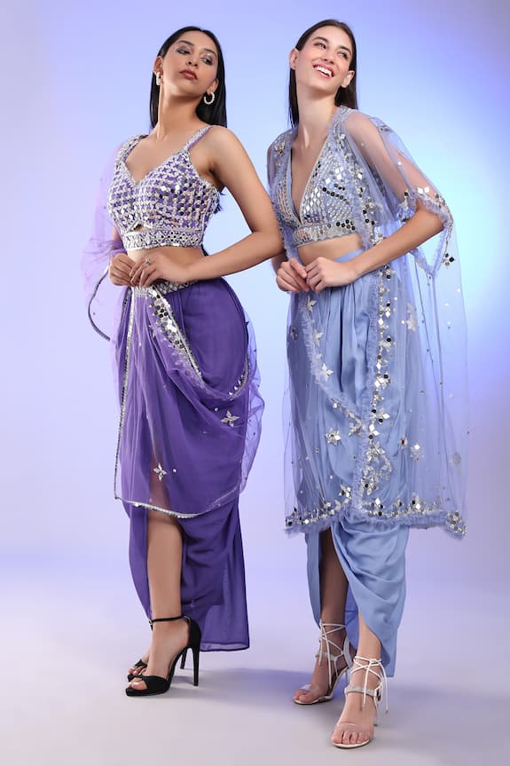 Preeti S Kapoor Purple Dupion Draped Skirt And Mirror Work Blouse Set 4