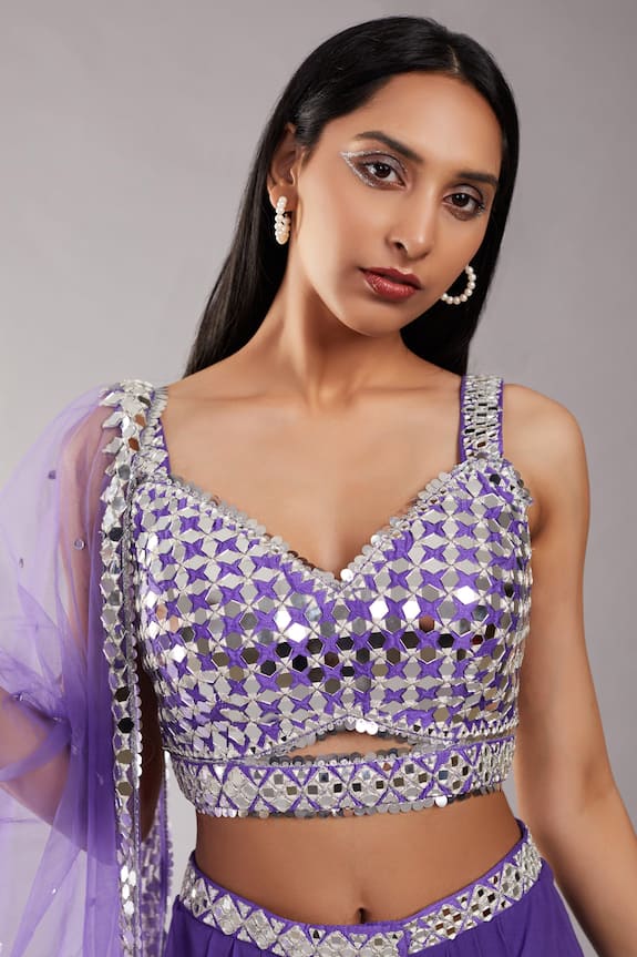 Preeti S Kapoor Purple Dupion Draped Skirt And Mirror Work Blouse Set 6