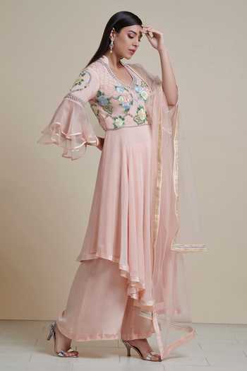 Women Pink Georgette Flared Printed Kurta