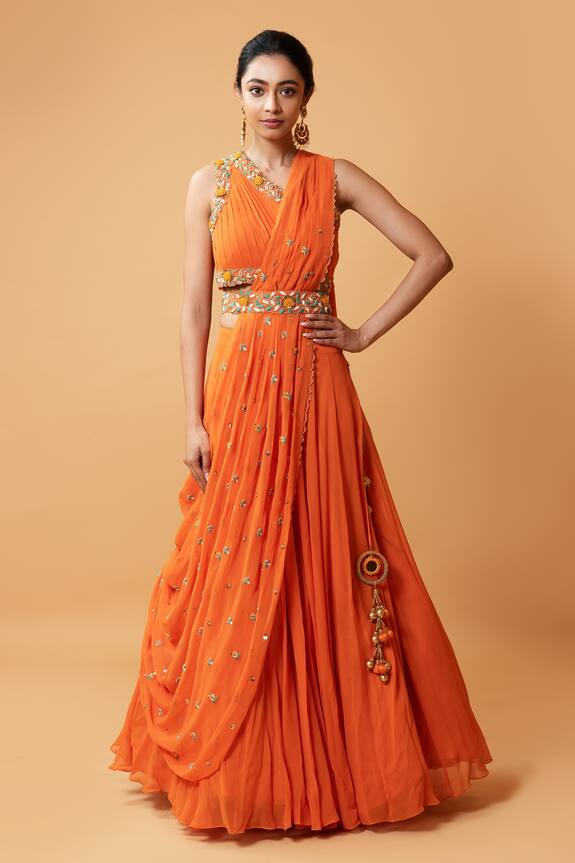 Quench A Thirst Orange Georgette Draped Lehenga And Blouse Set 1
