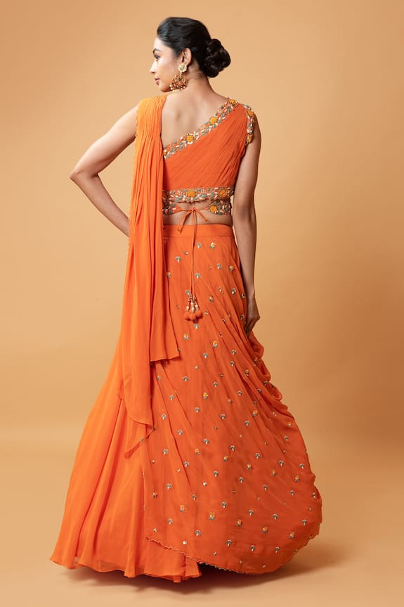 Quench A Thirst Orange Georgette Draped Lehenga And Blouse Set 2