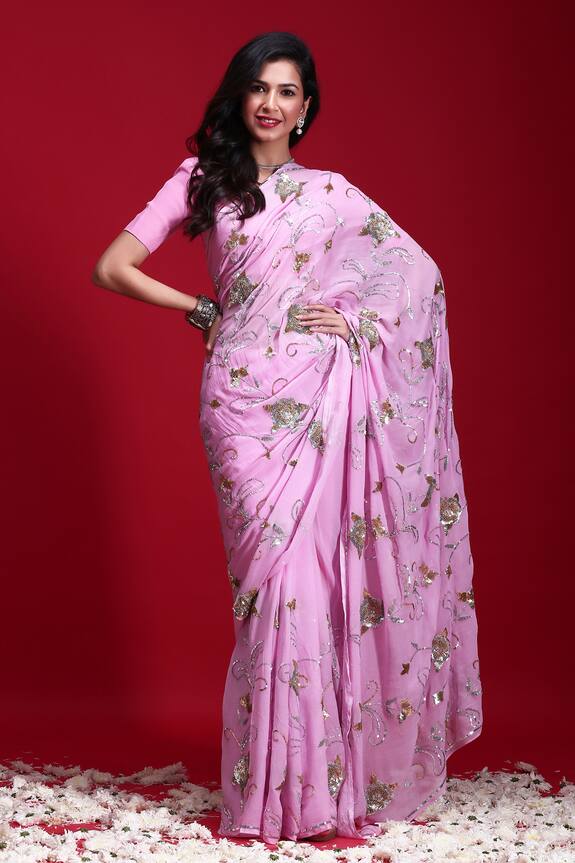 Ruar India Pink Chiffon Sequin Embroidered Saree With Blouse 0