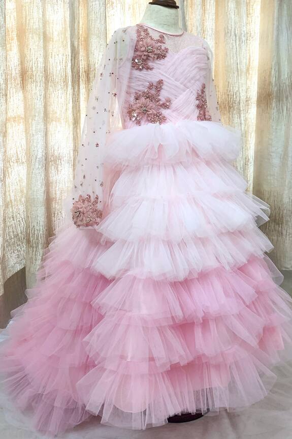 Pa:Paa Pink Layered Frill Gown For Girls 1