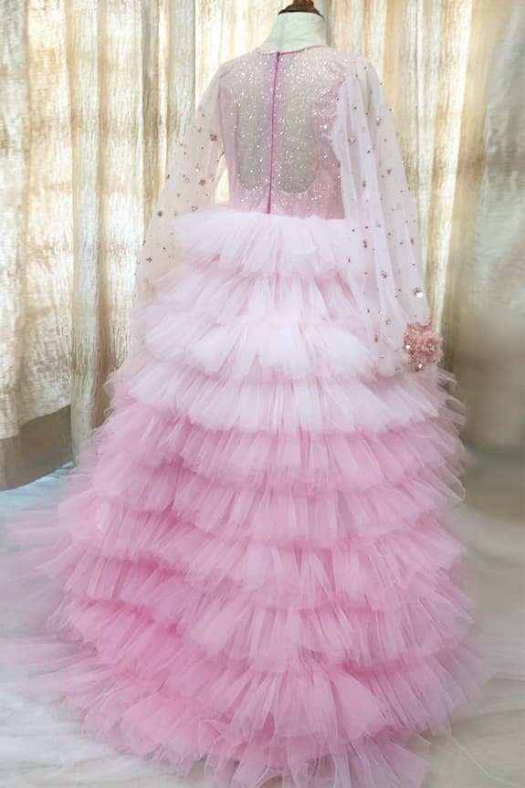 Pa:Paa Pink Layered Frill Gown For Girls 2