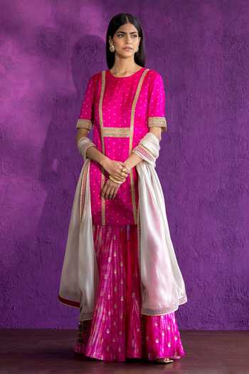 Rose Pink Applique Embroiderd Short Kurta With Belt And Organza Sharara main image 0