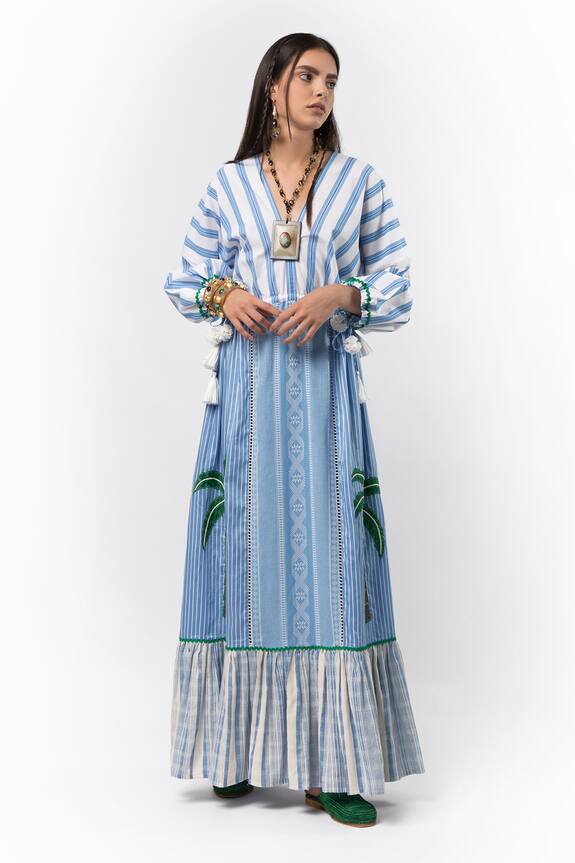 Rara Avis Blue Cotton Seaside Palm Long Dress 1