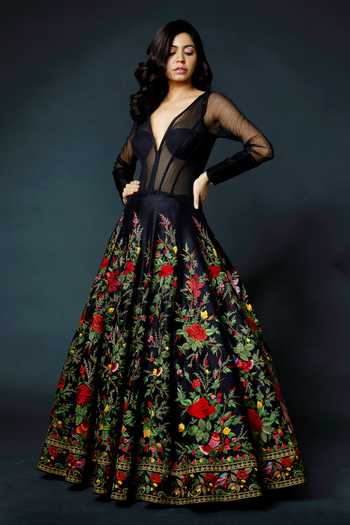 Buy Rohit Bal Black Cotton Chanderi Silk Embroidered Anarkali Set Online |  Aza Fashions