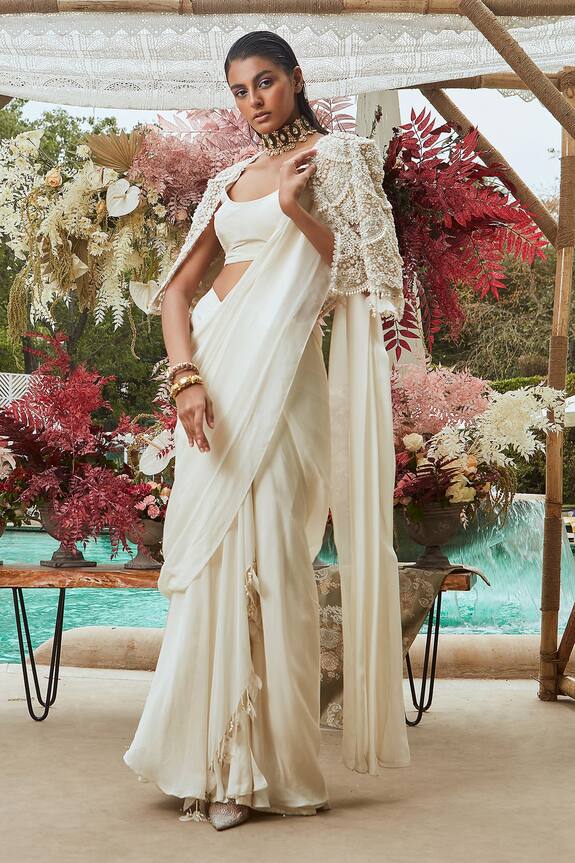 Ridhima Bhasin White Chiffon Pre-draped Saree With Embroidered Jacket 0