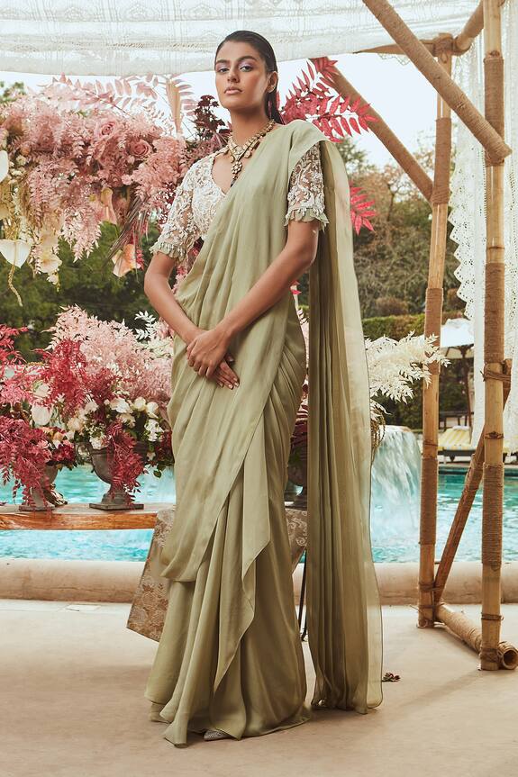Buy Ridhima Bhasin Green Chiffon Pre-draped Saree With Embroidered Blouse  Online | Aza Fashions
