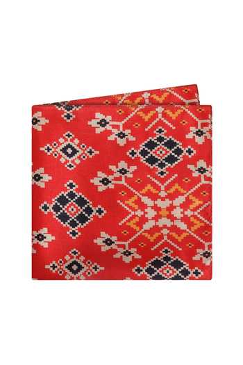 Men's Motif Silk/Linen Pocket Square in Red