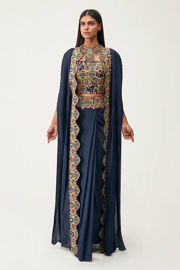 Rishi and Soujit Blue Silk Cotton Pleated Cape And Draped Skirt Set 1