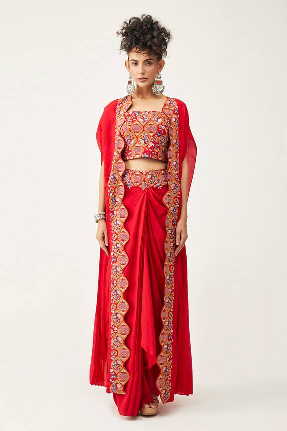 Rishi and Soujit_Red Silk Cotton Pleated Cape And Skirt Set_Online_at_Aza_Fashions