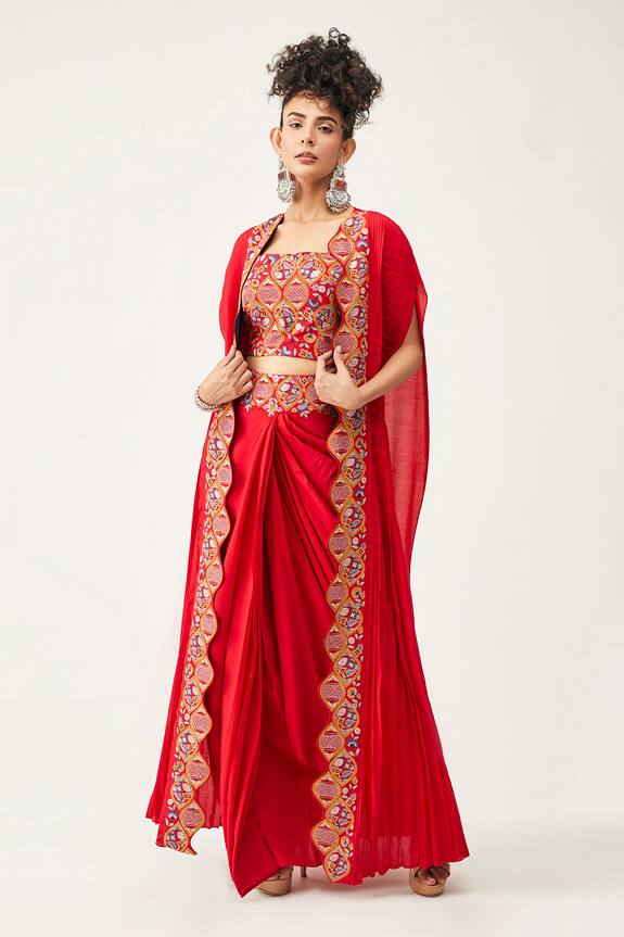 Buy_Rishi and Soujit_Red Silk Cotton Pleated Cape And Skirt Set_at_Aza_Fashions