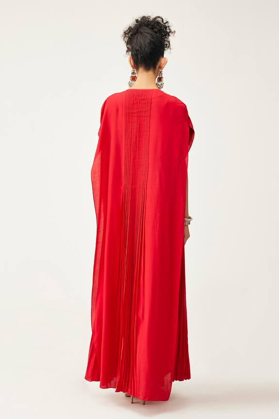 Shop_Rishi and Soujit_Red Silk Cotton Pleated Cape And Skirt Set_at_Aza_Fashions