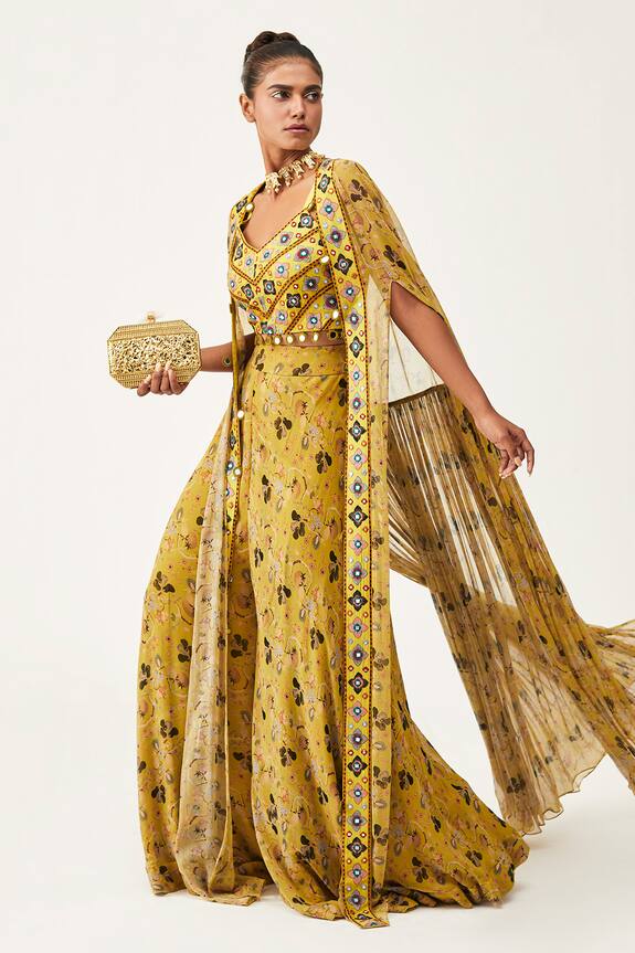 Rishi and Soujit Yellow Georgette Floral Print Cape And Pant Set 3