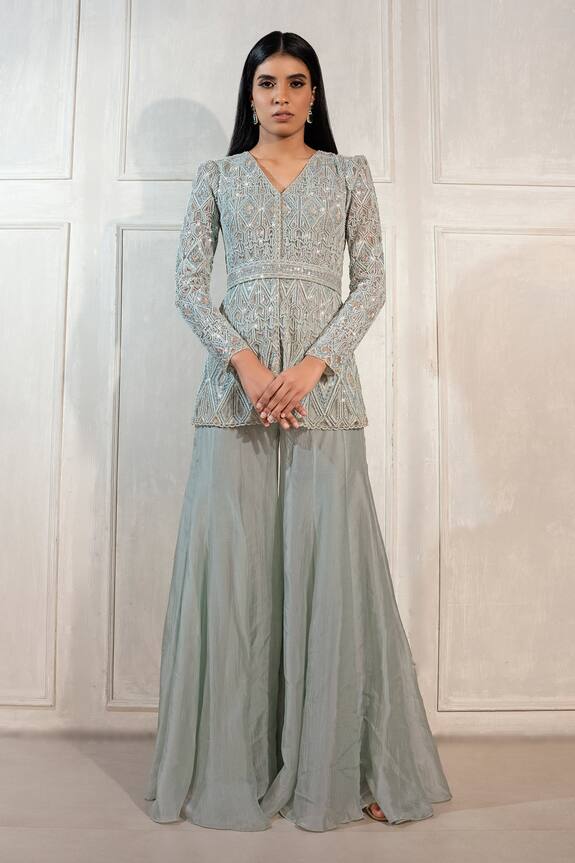 Ritika Mirchandani Blue Net Embroidered Kurta And Sharara Set 0
