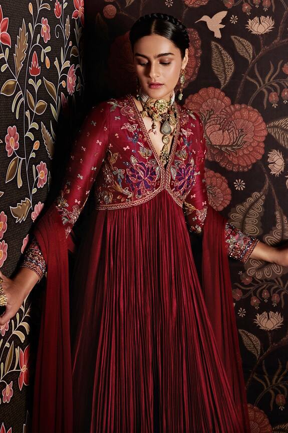 Buy Ridhi Mehra Maroon Silk Anarkali With Dupatta Online | Aza Fashions