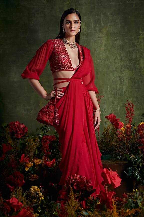Ridhi Mehra Red Net Chiffon Pre-draped Saree With Blouse 1